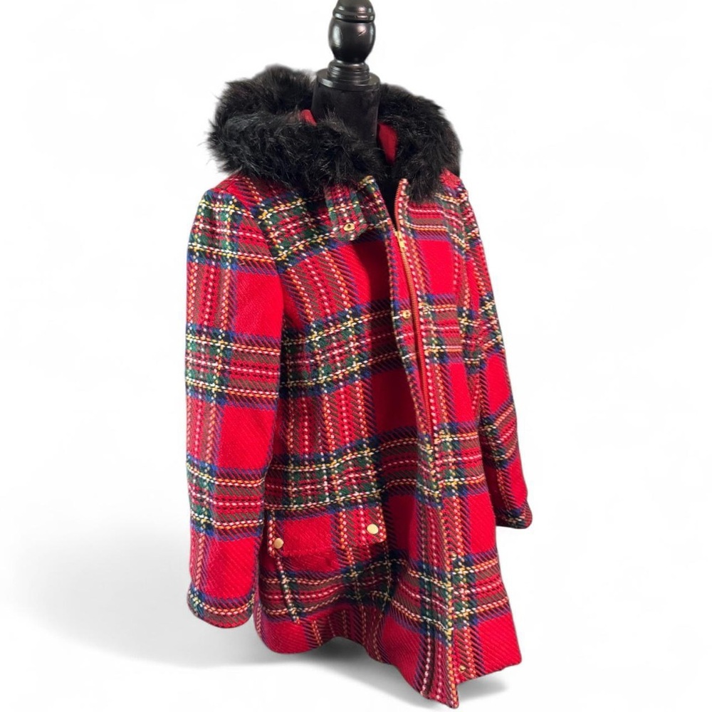 Red Plaid Wool & Polyester Coat with Faux Fur Trim
